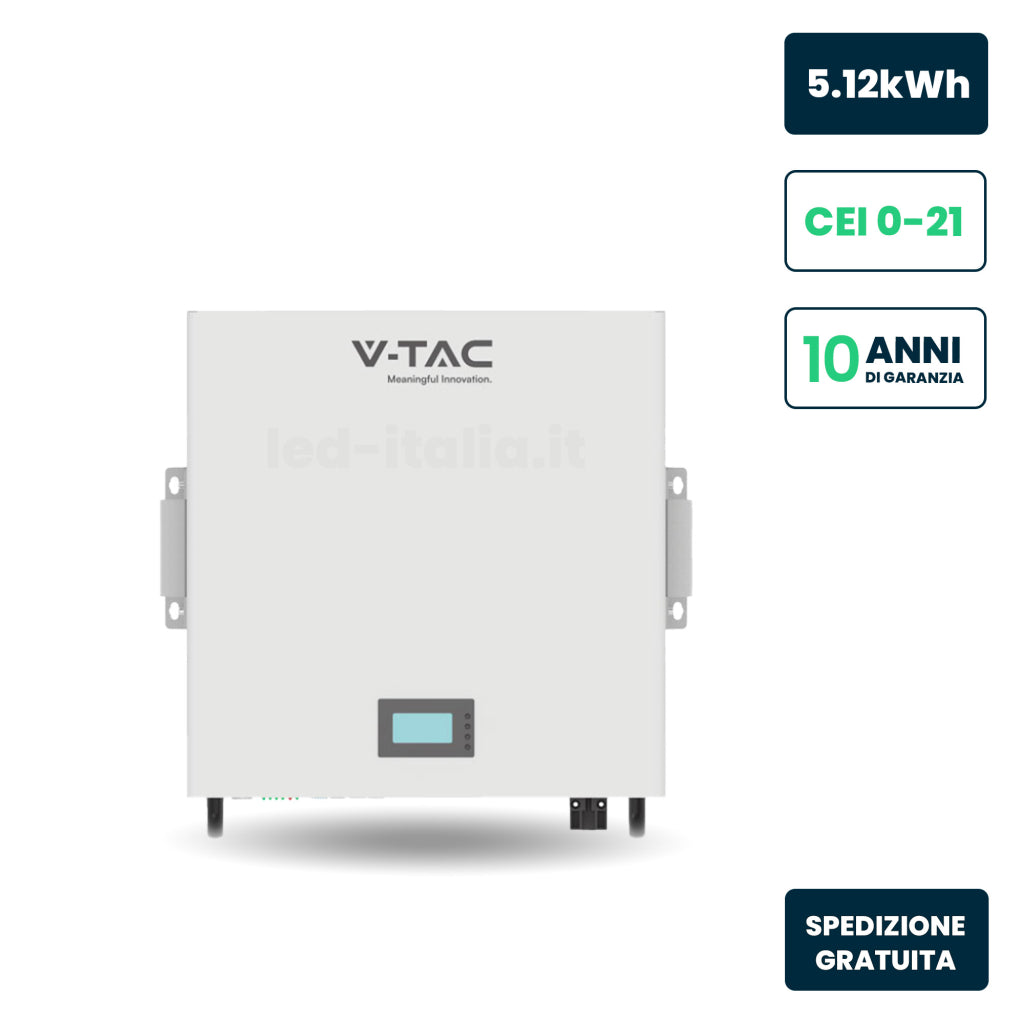 V-TAC Batteria di Accumulo 5.12kWh al Litio-Ferro-Fosfato LiFePO4 BMS Integrato per Inverter Fotovoltaici CEI 0-21 51.2V 100Ah Garanzia 10 Anni V-TAC Batteria di Accumulo 5.12kWh al Litio-Ferro-Fosfato LiFePO4 BMS Integrato per Inverter Fotovoltaici CEI 0-21 51.2V 100Ah Garanzia 10 Anni